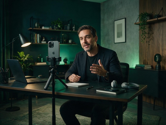 Infoprodutor gravando conteúdo com celular em tripé no escritório